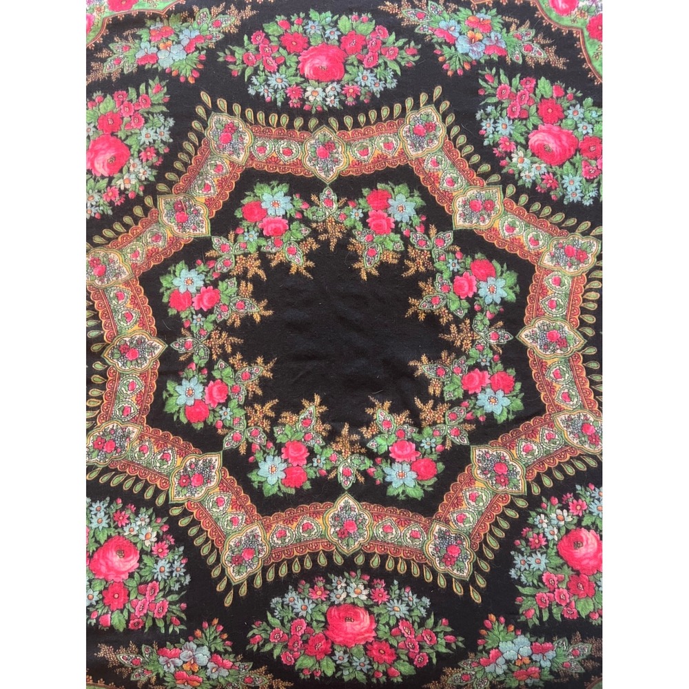 Vintage Black Floral Paisley Square Tablecloth Fringe Edge Pink Blue Rose 54x50